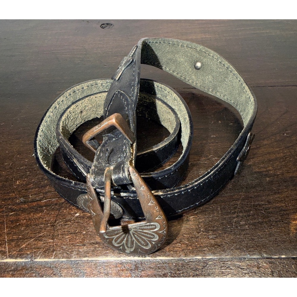 Sunbelt‎ Vintage Black Leather Western Belt Sz M Star Brass Buckle